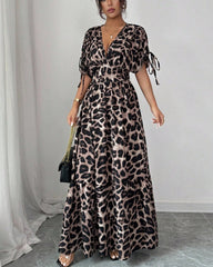 Long Sleeve V Neck Leopard Swing Maxi Dress