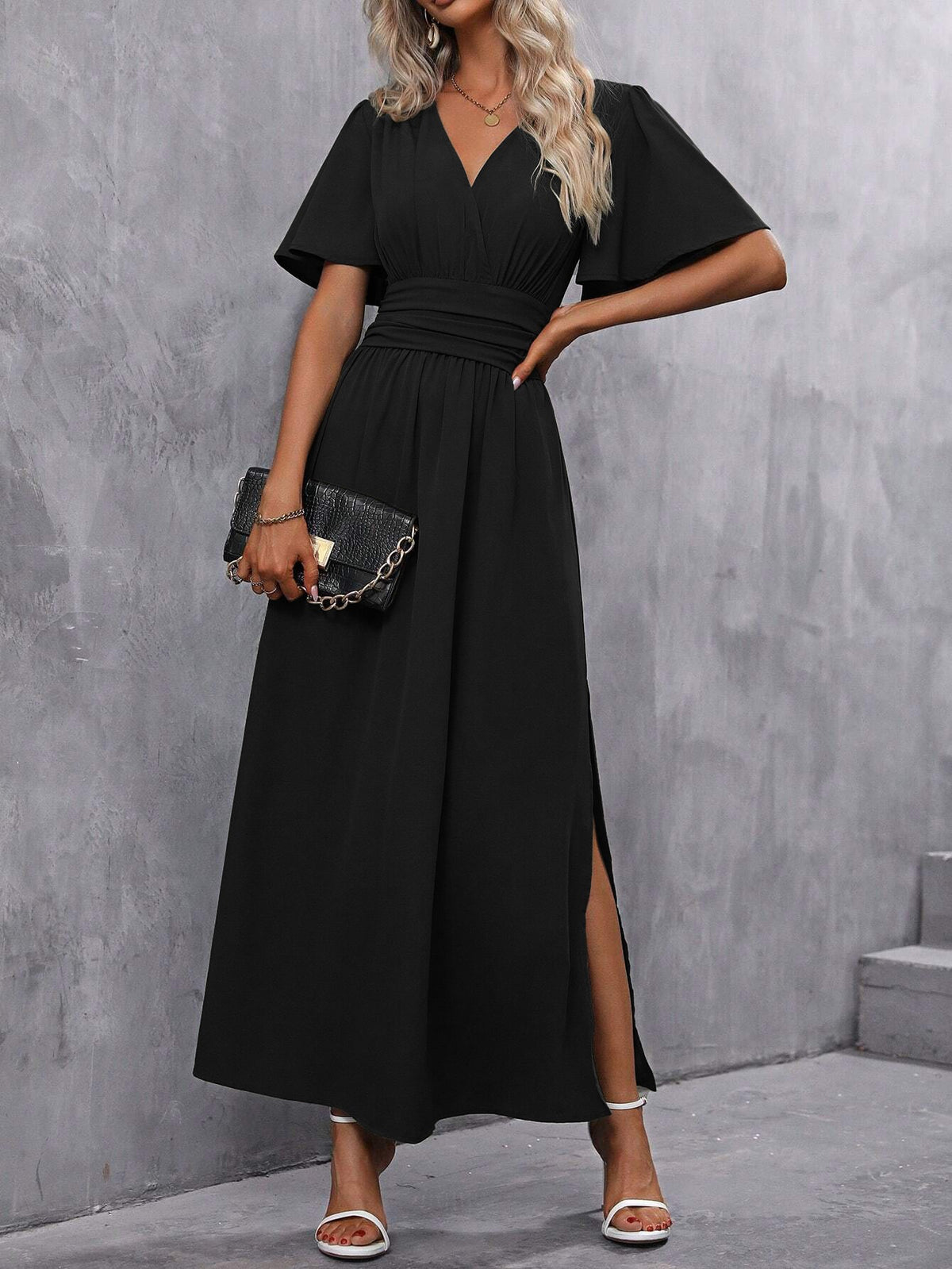 Short Sleeves Ruched High Waist Maxi Dresses