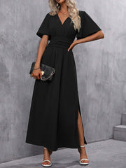 Short Sleeves Ruched High Waist Maxi Dresses