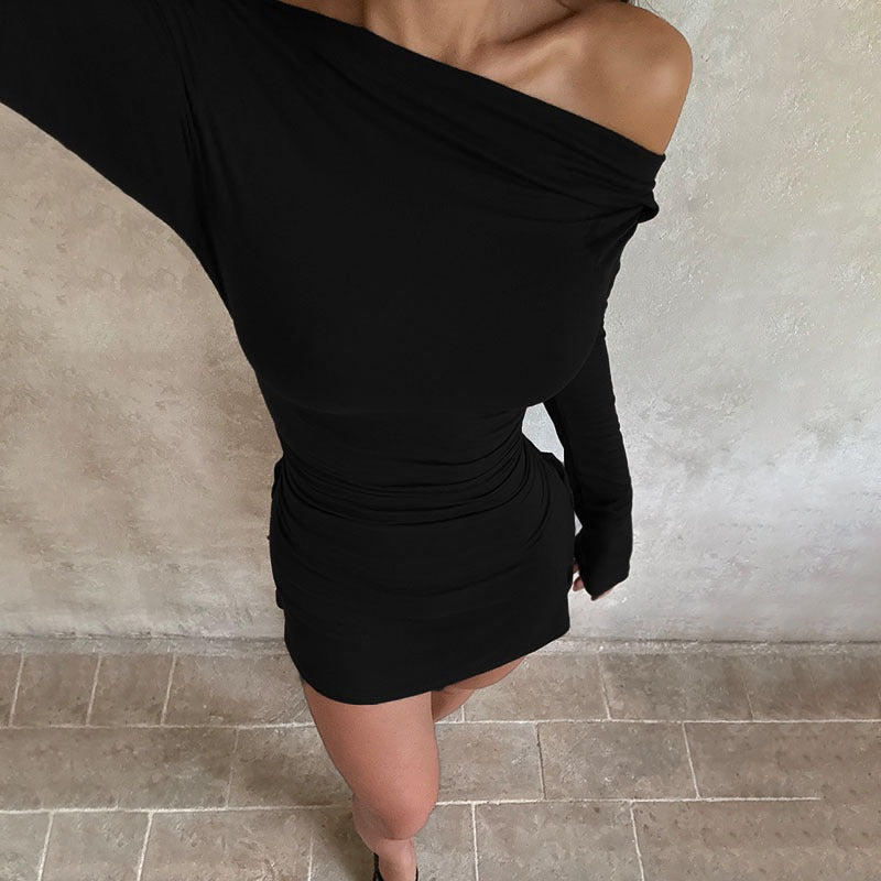 One-Shoulder Drawstring Pleated Dress