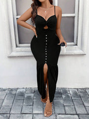 Halter Button Slit Figure-Hugging Dress