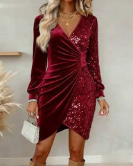 V-Neck Sequined Velvet Fitted Dress