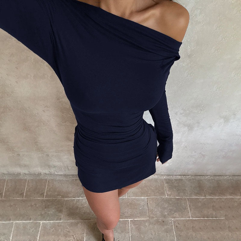One-Shoulder Drawstring Pleated Dress