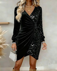 V-Neck Sequined Velvet Fitted Dress