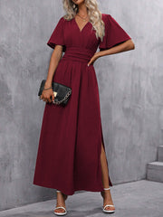 Short Sleeves Ruched High Waist Maxi Dresses
