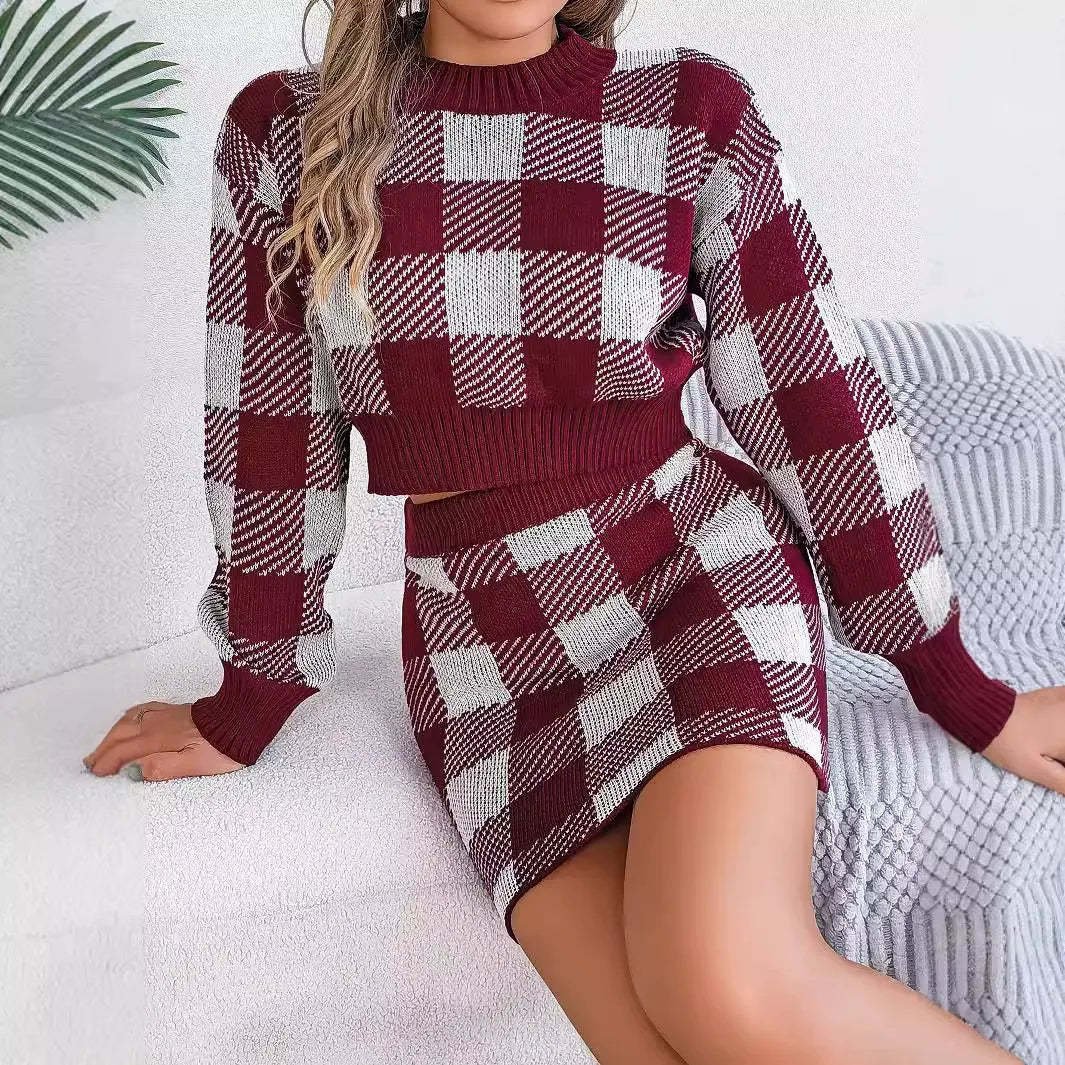 Trajes de falda de punto de dos piezas con estampado a cuadros