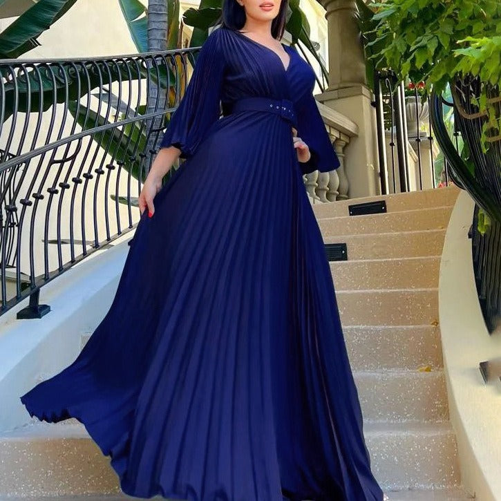 V-Neck Pleated Long Dress With Wide Skirt
