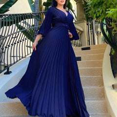 V-Neck Pleated Long Dress With Wide Skirt