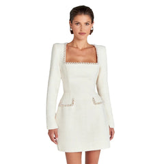 Elegantes, stilvolles, ärmelloses Tweed-Minikleid mit sexy Slim Fit und Perlenverzierung