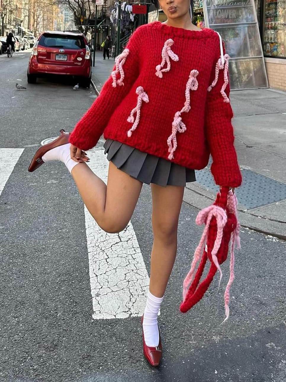 Einzigartiger lockerer Pullover mit Rundhalsausschnitt und Schleife