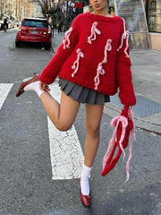 Einzigartiger lockerer Pullover mit Rundhalsausschnitt und Schleife