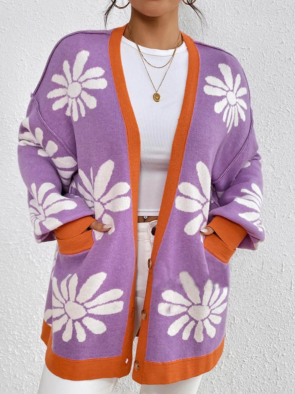 Cárdigan clásico de punto holgado con cuello en V y estampado