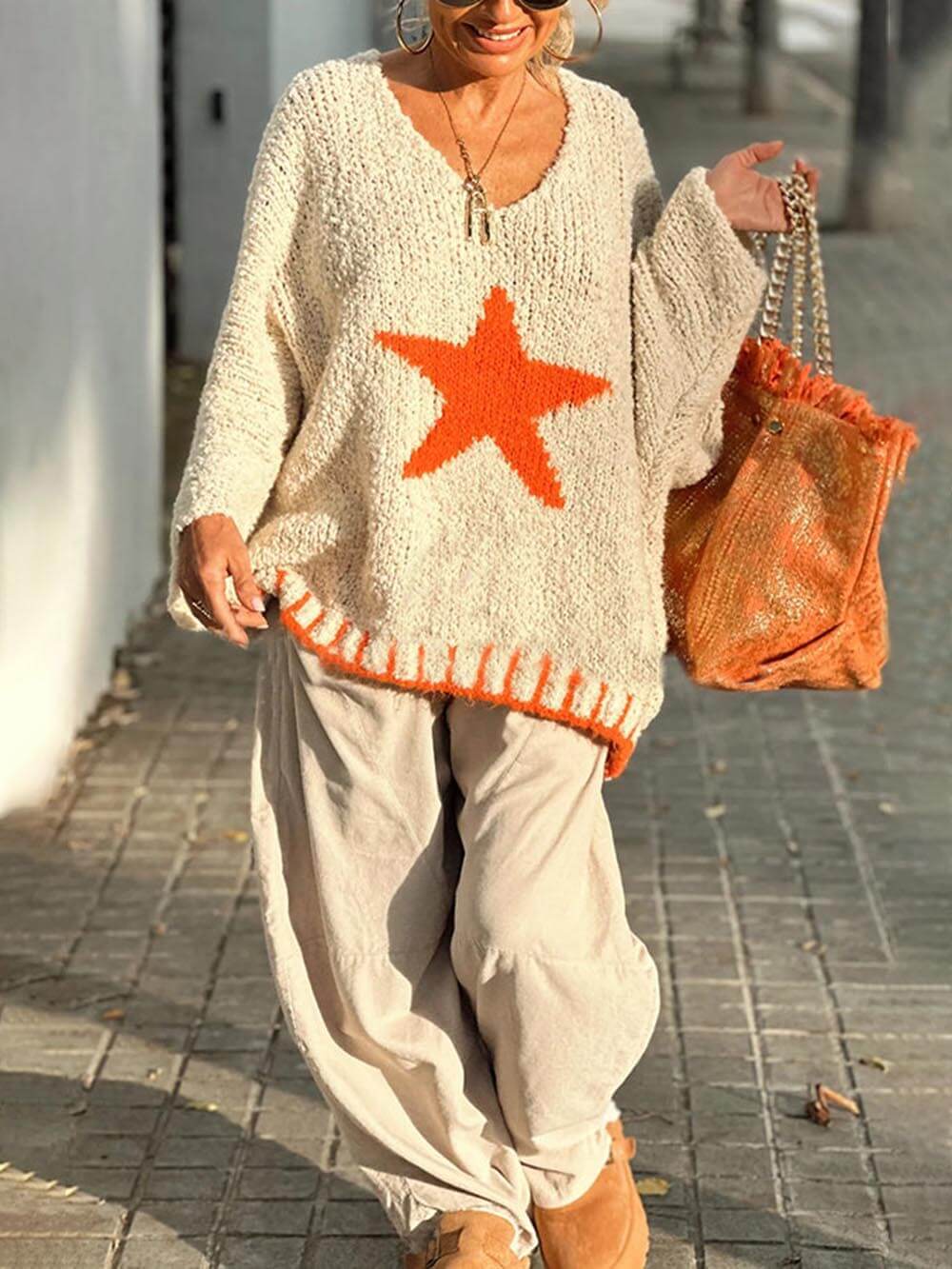 Wintertag Warme Textur Sternmuster Kontrastfarbe Lockerer Pullover