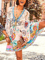 Vintage Painterly Print Tie Front Mini Dress