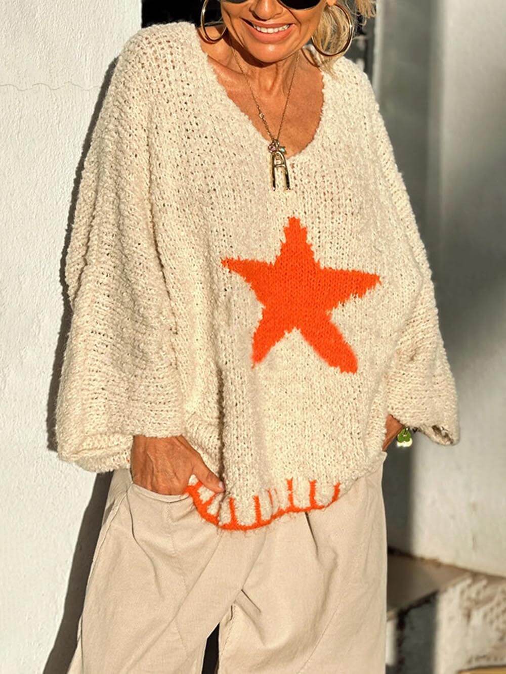 Wintertag Warme Textur Sternmuster Kontrastfarbe Lockerer Pullover