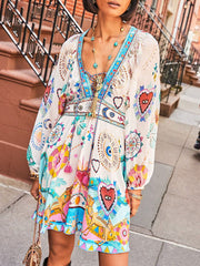 Vintage Painterly Print Tie Front Mini Dress