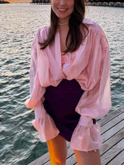 Camisa de manga farol con solapa suelta, dulce y fresca