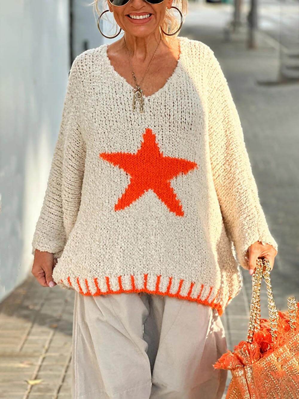 Wintertag Warme Textur Sternmuster Kontrastfarbe Lockerer Pullover