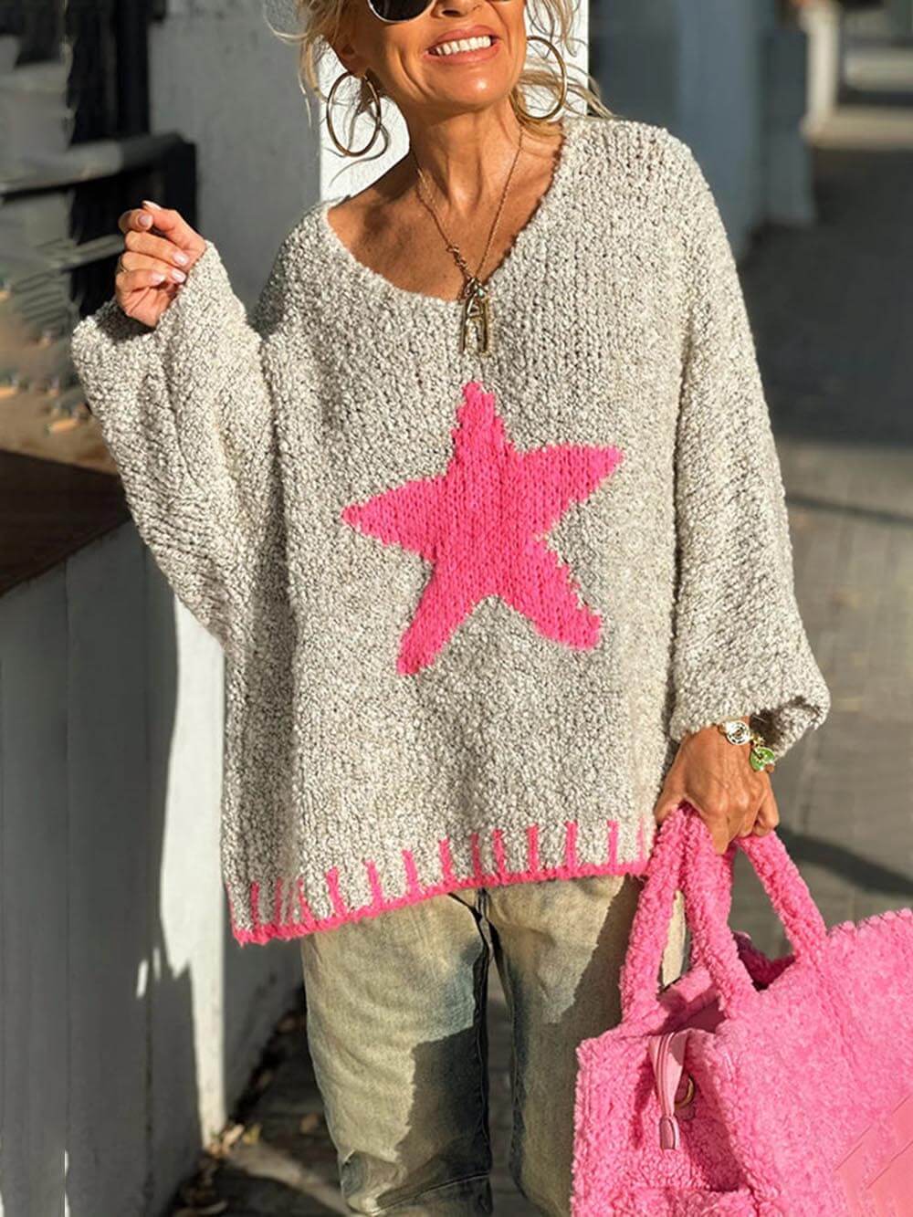Wintertag Warme Textur Sternmuster Kontrastfarbe Lockerer Pullover