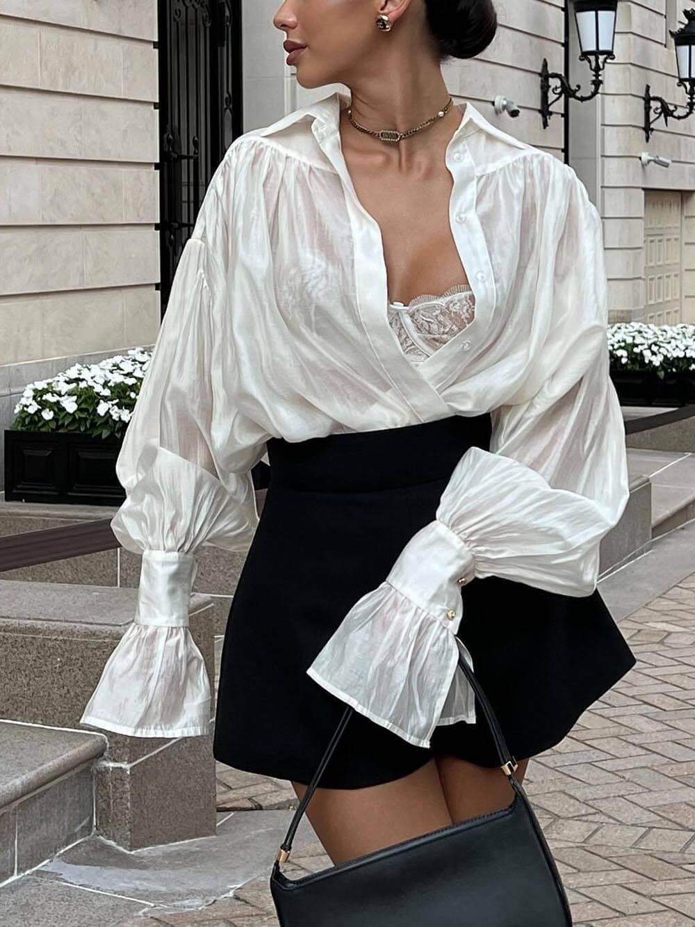 Camisa de manga farol con solapa suelta, dulce y fresca