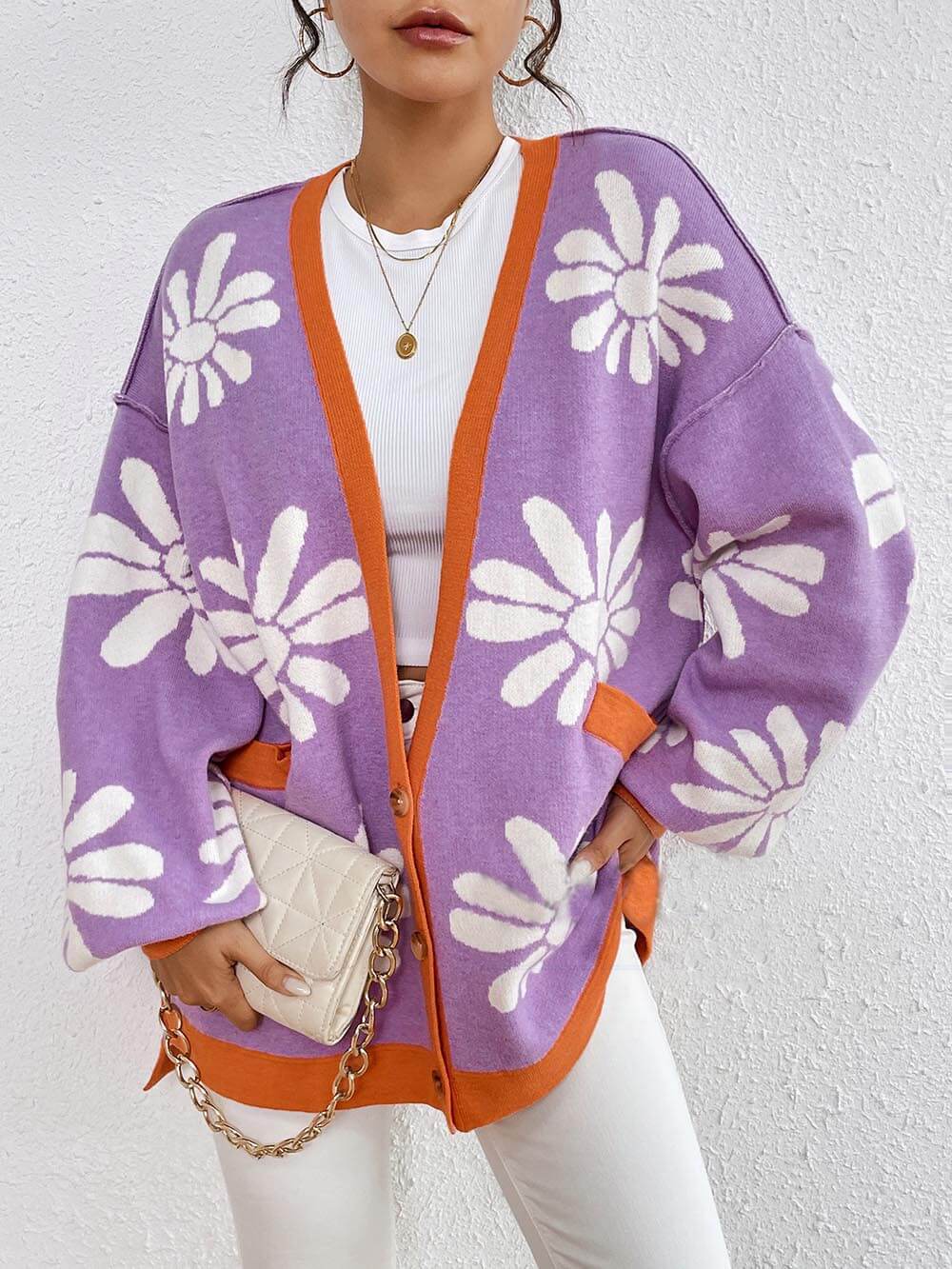 Cárdigan clásico de punto holgado con cuello en V y estampado