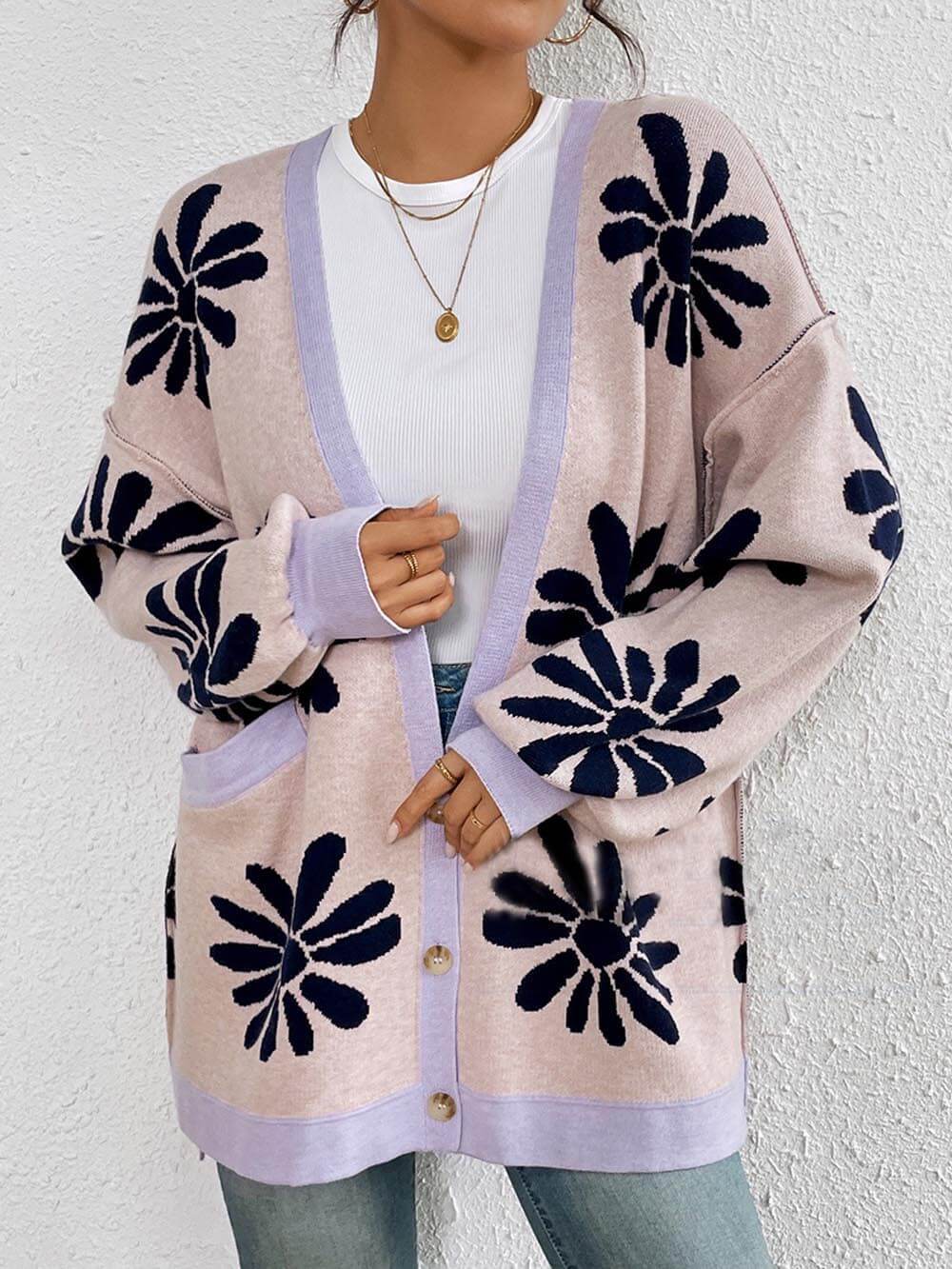 Cárdigan clásico de punto holgado con cuello en V y estampado