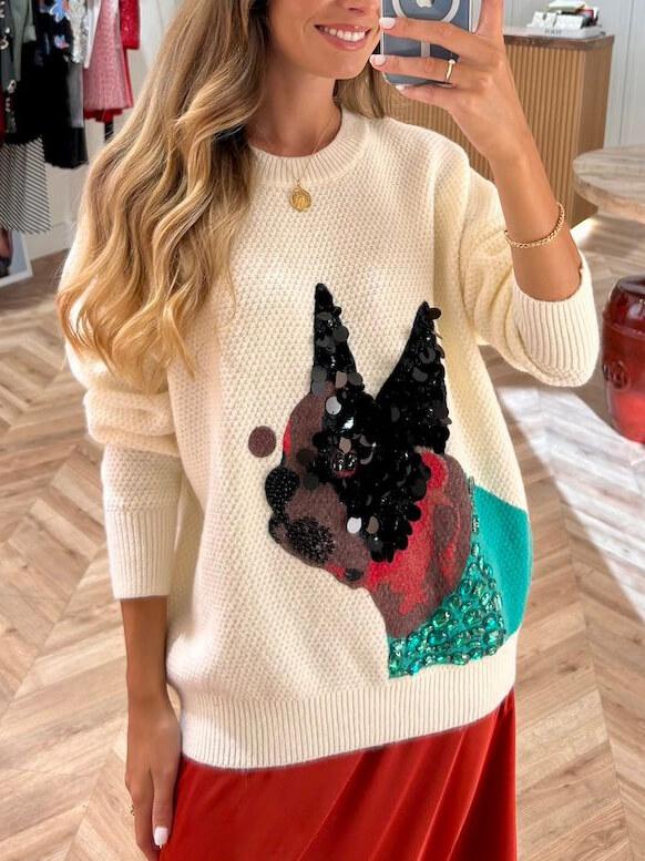 Pullover mit Rundhalsausschnitt und lustigem Cartoon-Hunde-Stickmuster