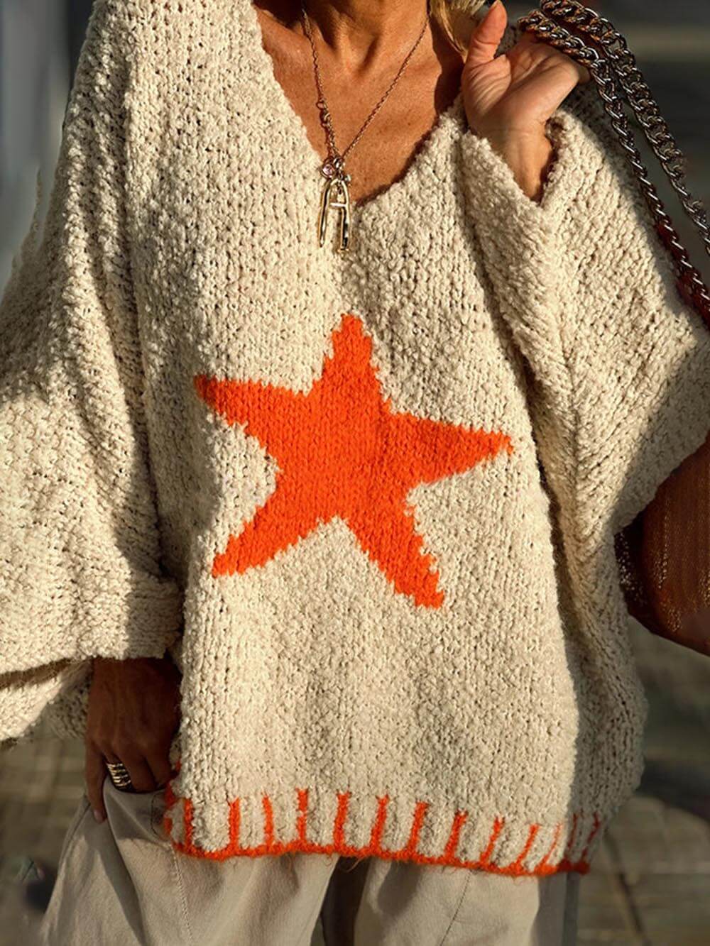 Wintertag Warme Textur Sternmuster Kontrastfarbe Lockerer Pullover