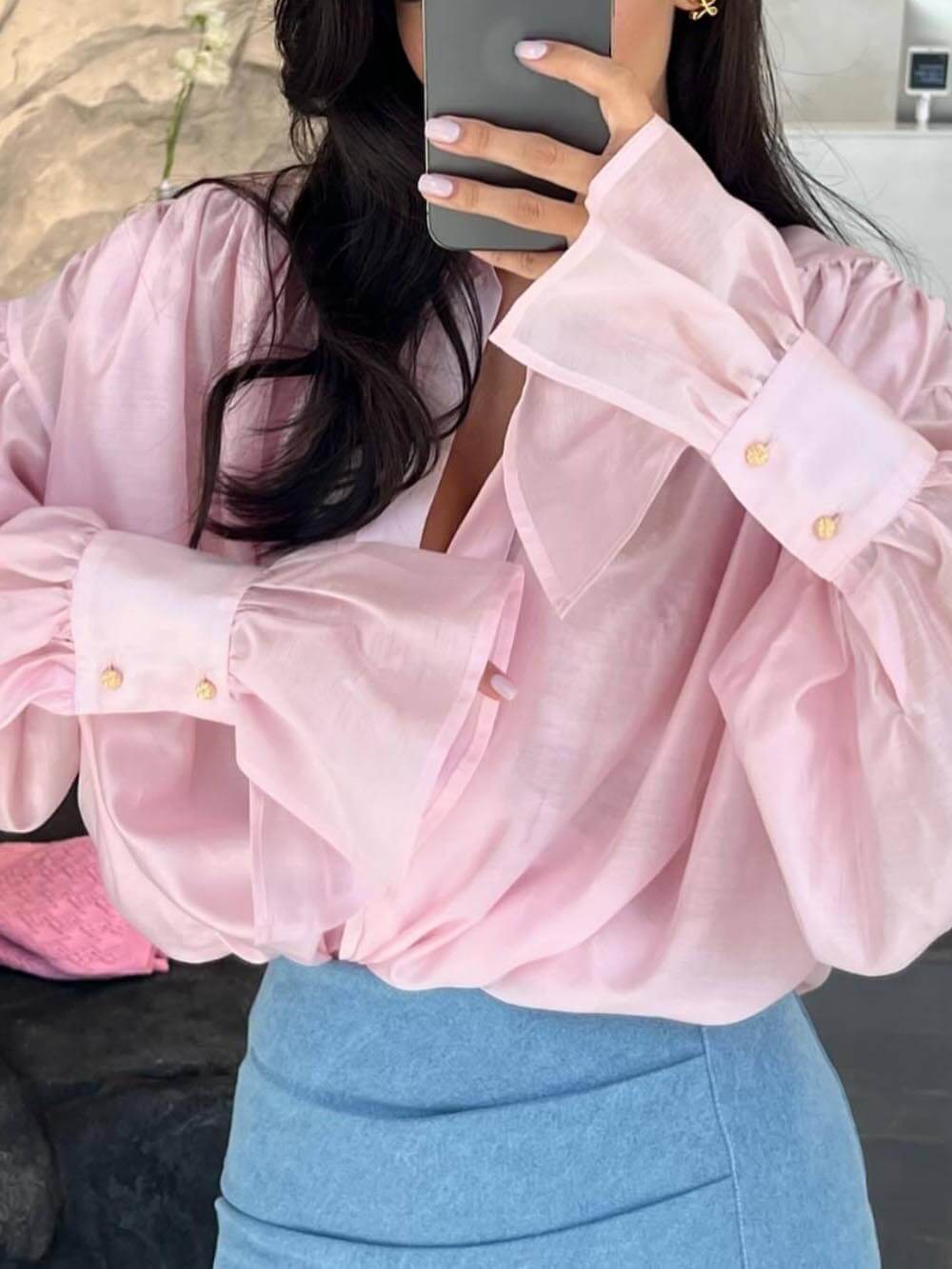 Camisa de manga farol con solapa suelta, dulce y fresca