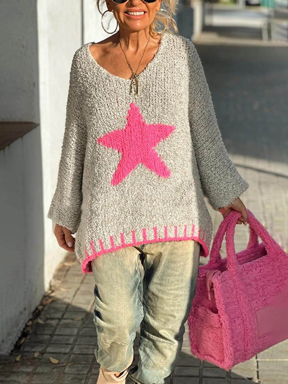 Wintertag Warme Textur Sternmuster Kontrastfarbe Lockerer Pullover