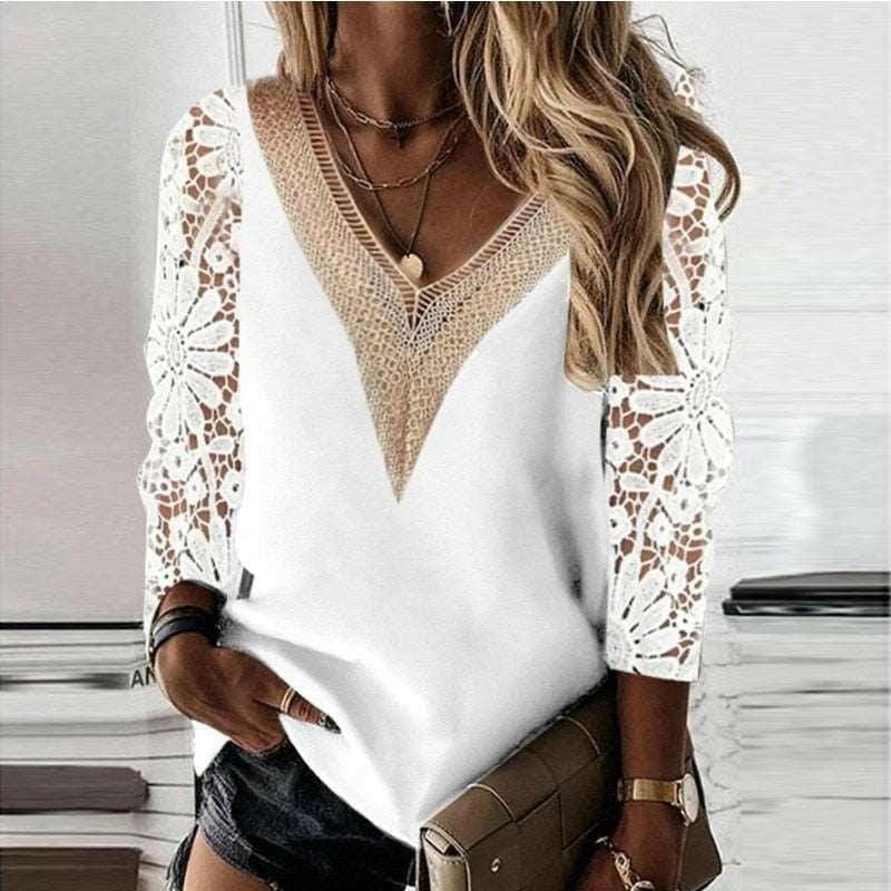 Lace-Detailed V-Neck Long Sleeve Blouse