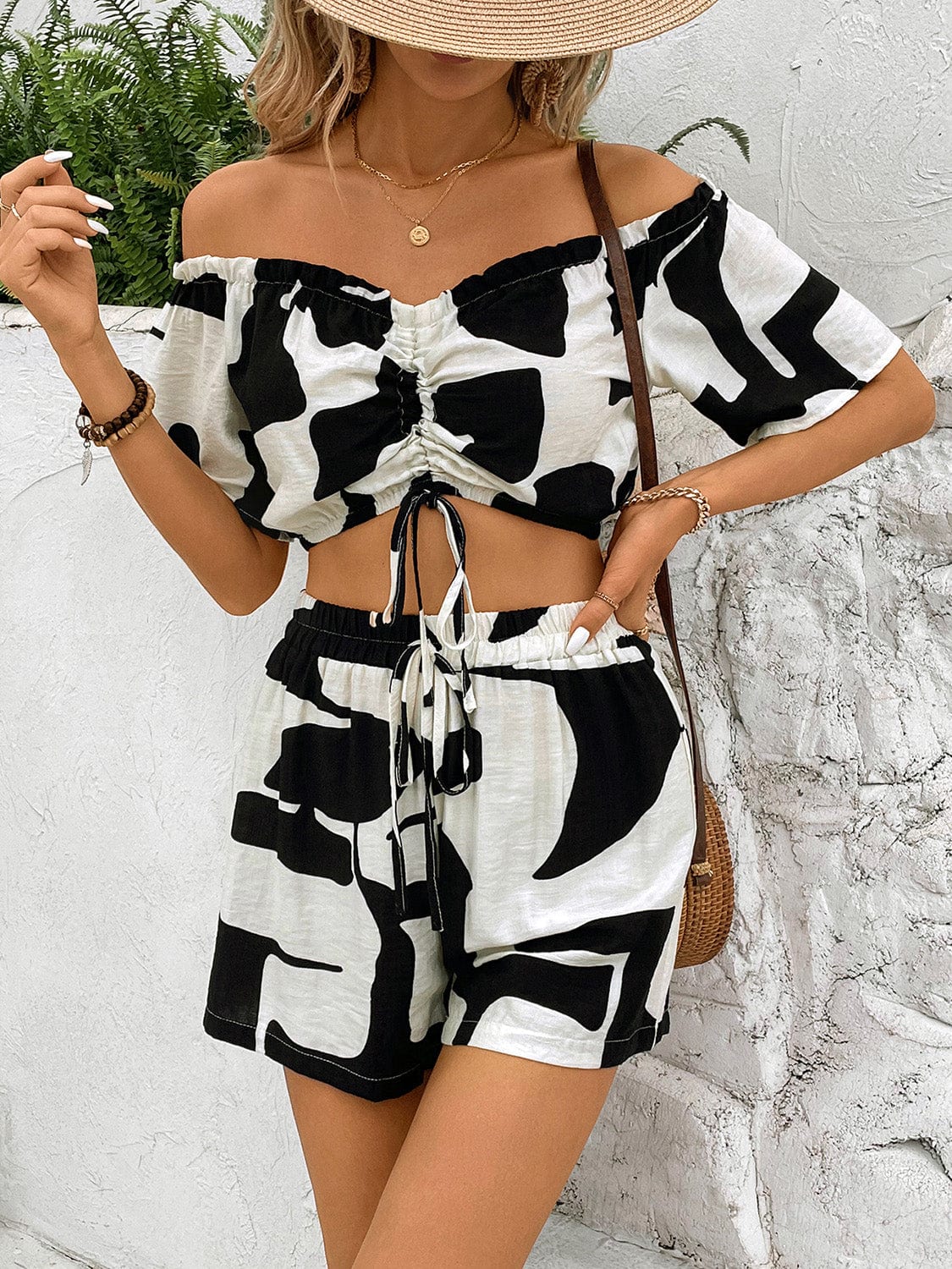 Perfect Drawstring Off-Shoulder Top and Shorts Set
