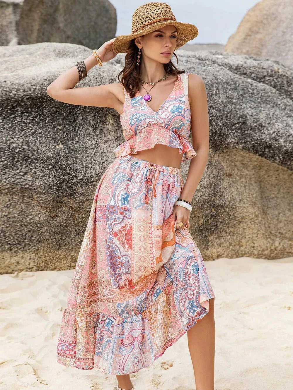 Romantic Floral Print Two-Piece Set V-Neck Blouse & Midi Skirt