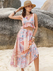 Romantic Floral Print Two-Piece Set V-Neck Blouse & Midi Skirt