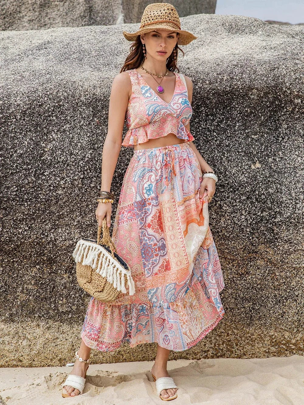 Romantic Floral Print Two-Piece Set V-Neck Blouse & Midi Skirt