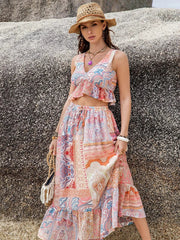 Romantic Floral Print Two-Piece Set V-Neck Blouse & Midi Skirt