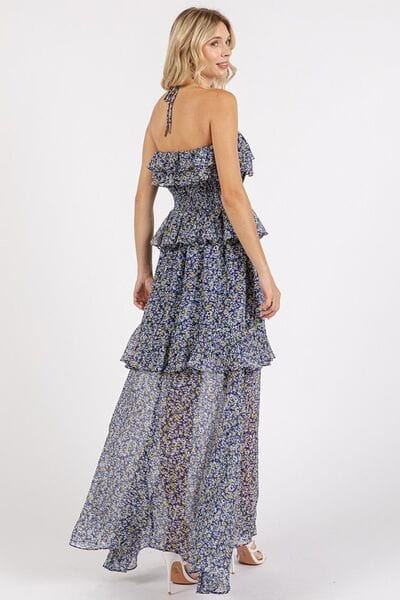 Ruffled Smocked Floral Halter Neck Maxi Dress
