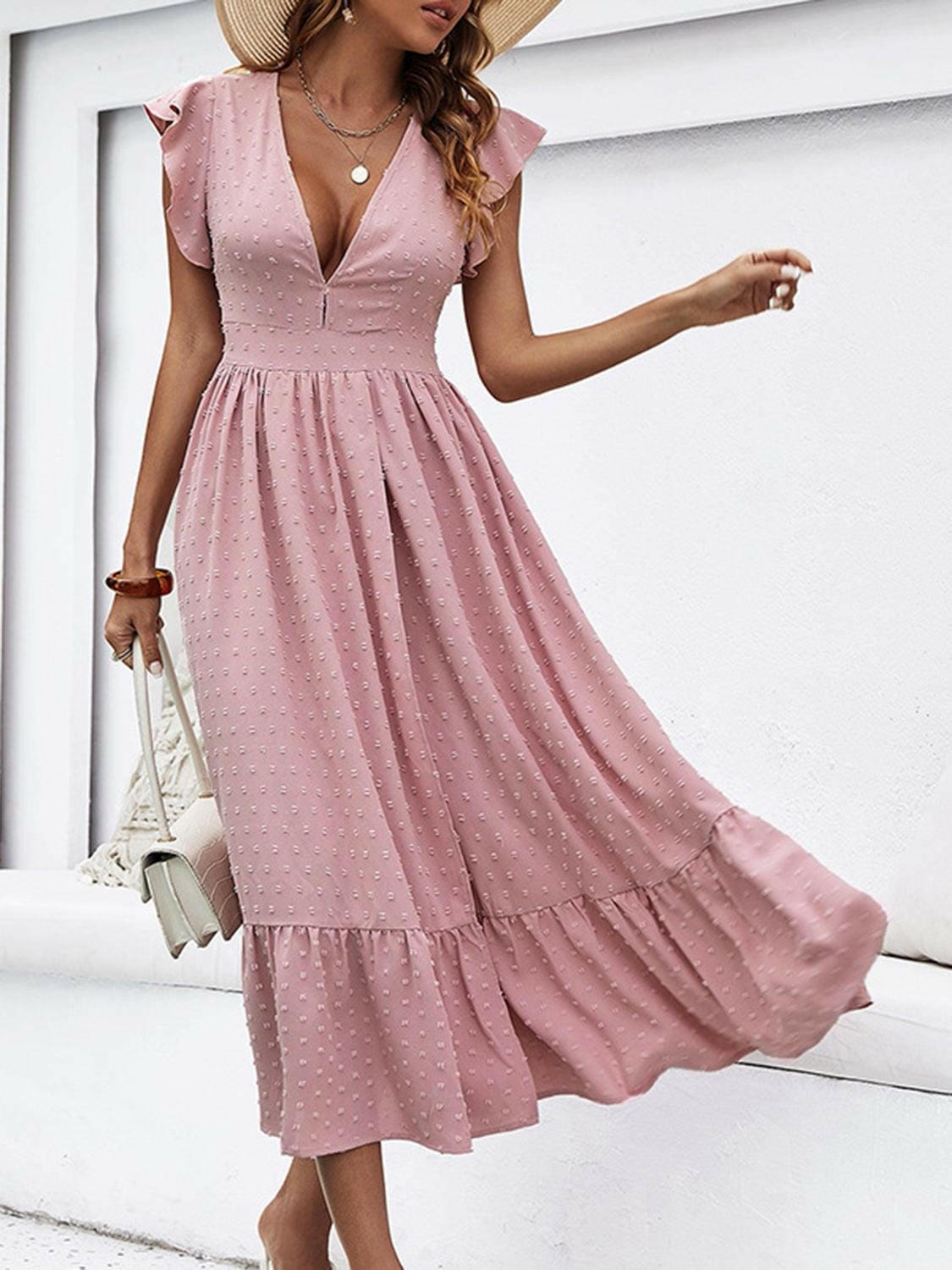 Ruffled Swiss Dot Plunge Dress - Perfect for a Night Out
