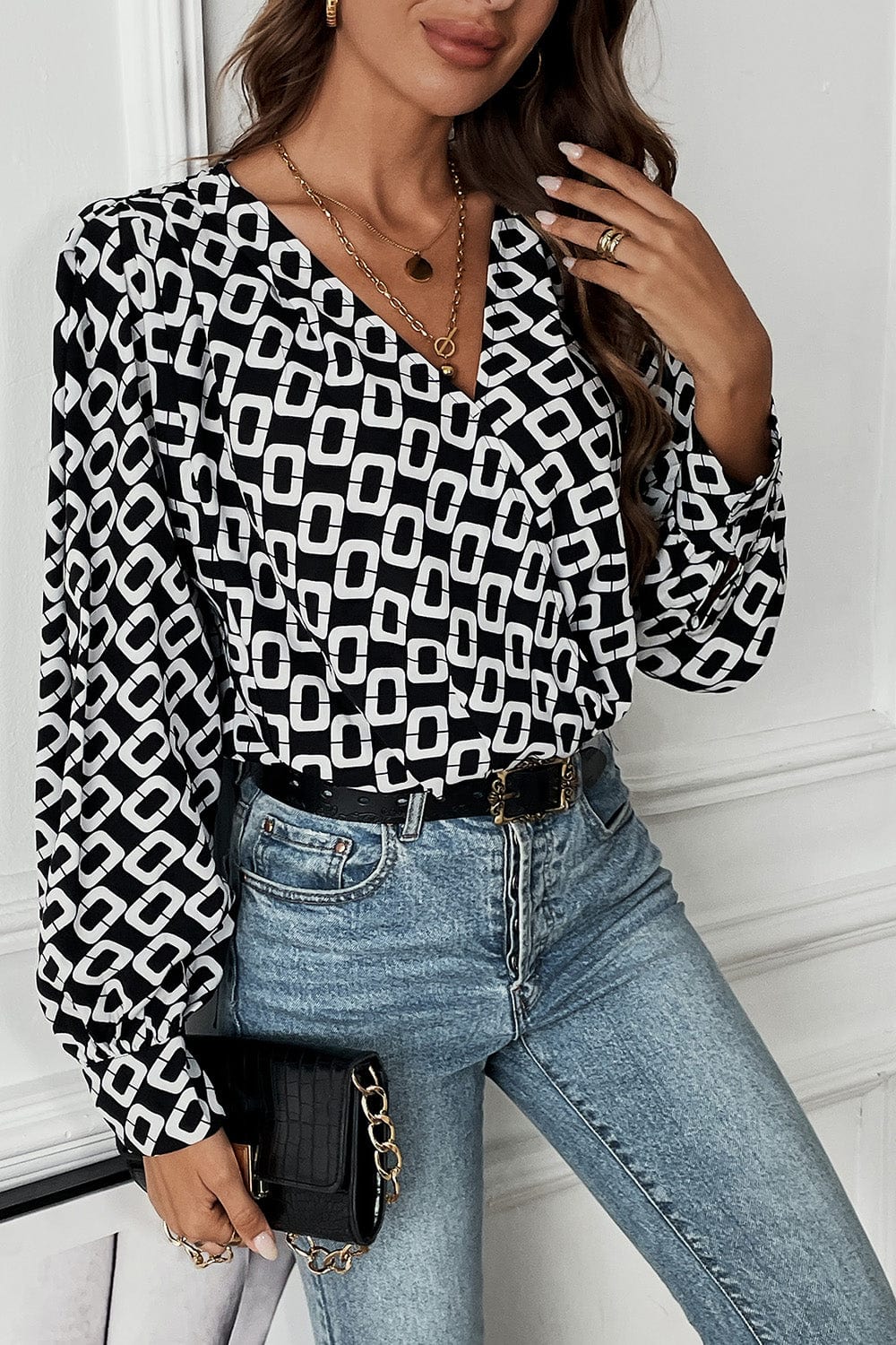 Sexy Geometric V-Neck Long Sleeve Blouse
