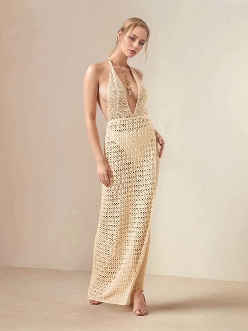 Sexy Halter Swim Cover-Up with Openwork Design