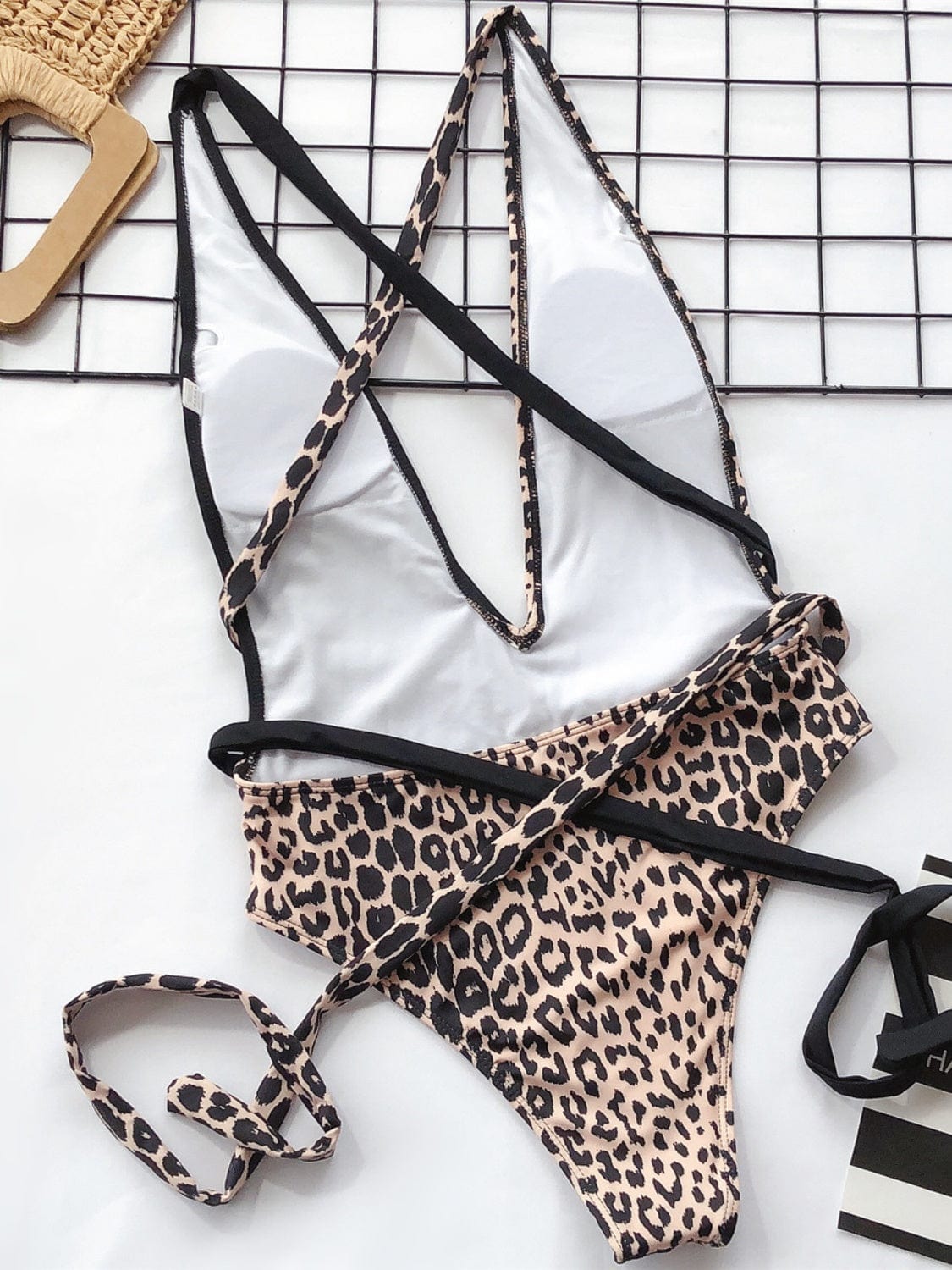 Sexy Tied Leopard Plunge One-Piece Swimwear