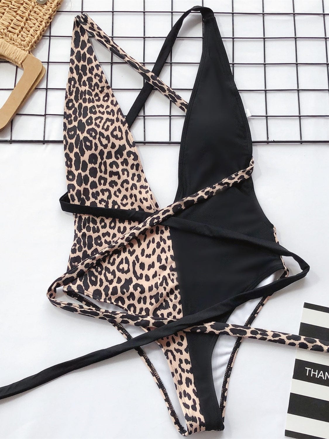 Sexy Tied Leopard Plunge One-Piece Swimwear