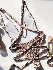 Sexy Tied Leopard Plunge One-Piece Swimwear