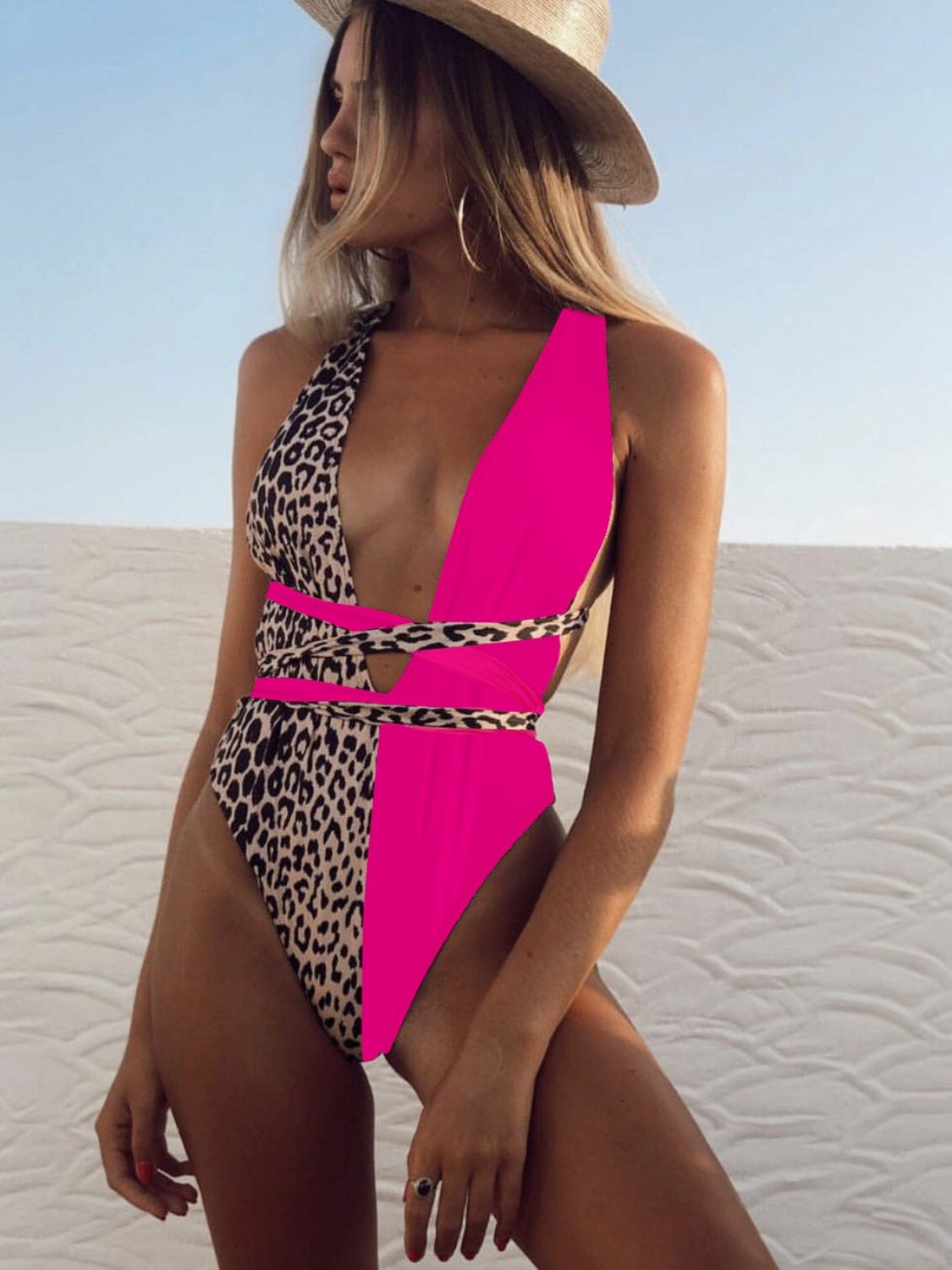 Sexy Tied Leopard Plunge One-Piece Swimwear