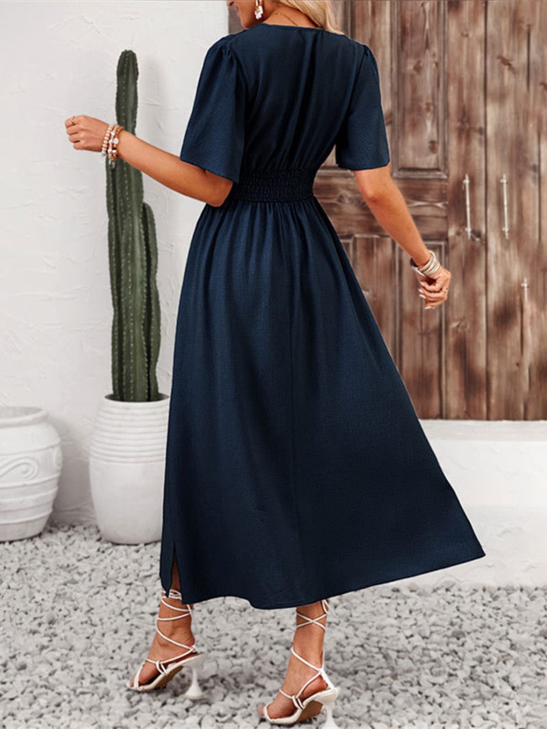 Side Slit Surplice Flutter Sleeve Midi Dress Elegant & Effortless