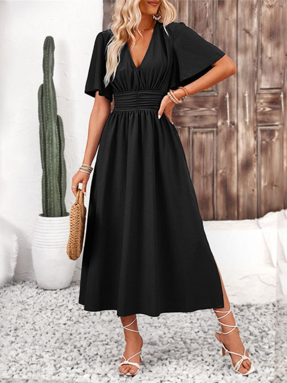Side Slit Surplice Flutter Sleeve Midi Dress Elegant & Effortless