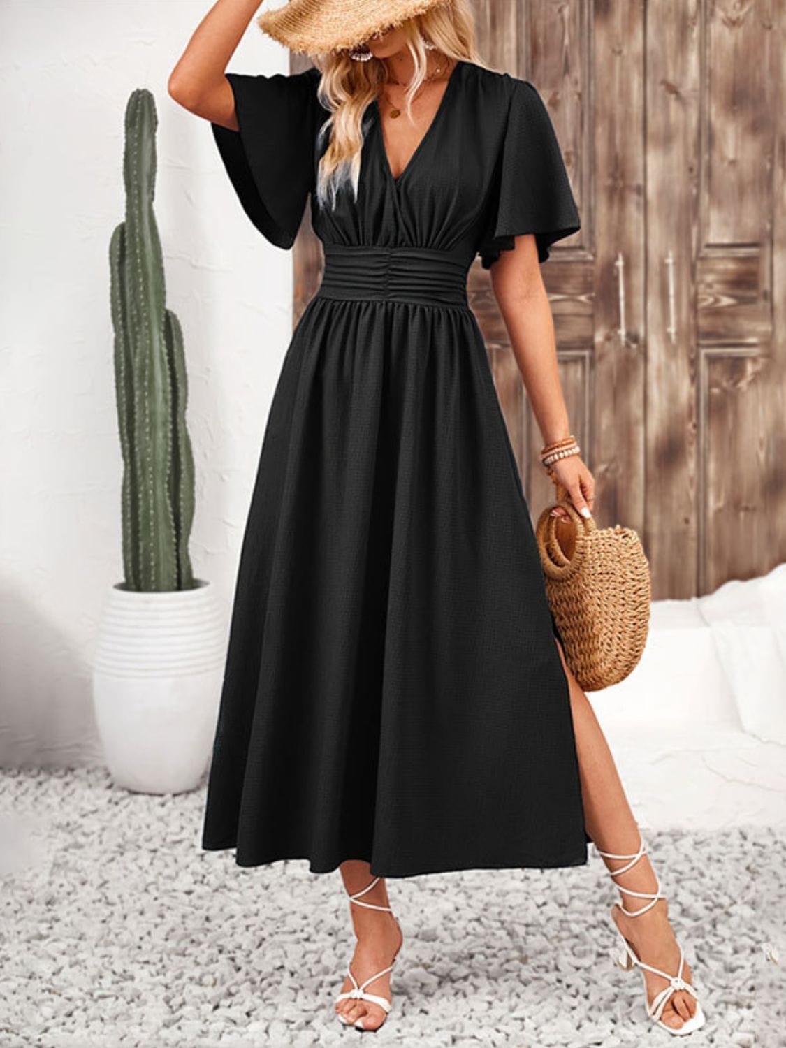 Side Slit Surplice Flutter Sleeve Midi Dress Elegant & Effortless