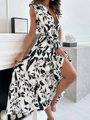 Sleeveless Tie Waist Printed Dress