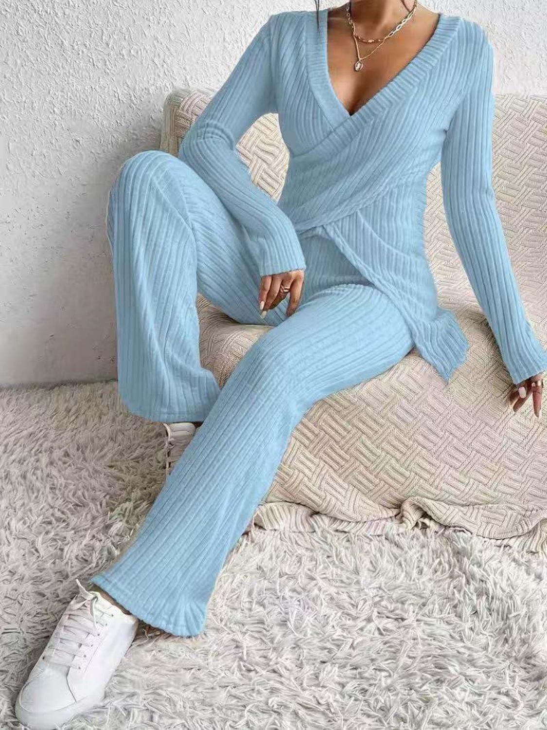 Soft Draping Meets Style: Long Sleeve Top & Pants Set