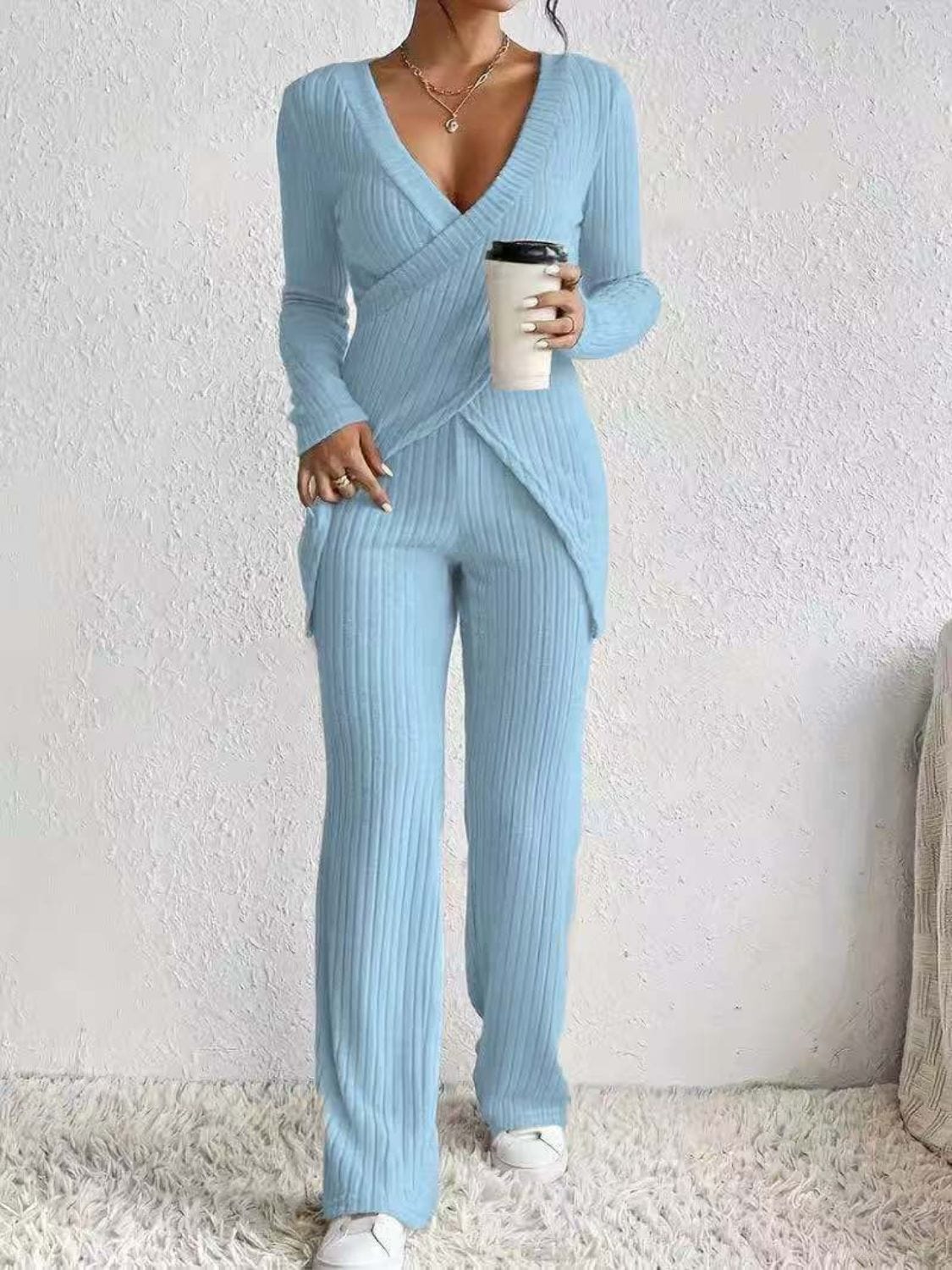 Soft Draping Meets Style: Long Sleeve Top & Pants Set
